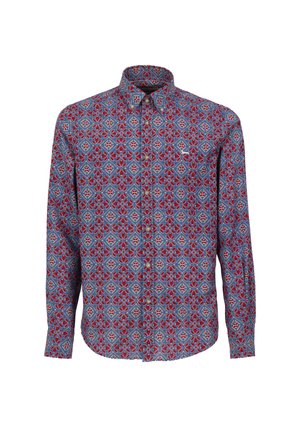 Camicia button-up con un tessuto blu decorato da intricati motivi geometrici rossi e bianchi, maniche lunghe e un design classico del colletto.