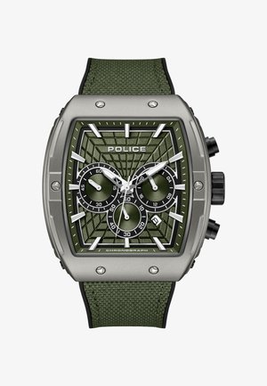 Zegarek naręczny typu chronograf Police z zieloną teksturowaną tarczą, trzema subtarczami, srebrnymi wskazówkami godzin, okienkiem daty, kopertą ze stali nierdzewnej i zielonym paskiem materiałowym.