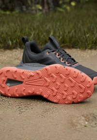 Paar dunkelgraue Trailrunningschuhe mit korallenfarbenen Gummisohlen, draußen auf einem schmutzigen Weg mit Gras im Hintergrund dargestellt.