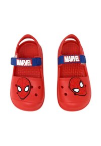 Sandali in plastica rossa con un design di Spider-Man sulla parte anteriore, con cinturino blu MARVEL e fori di ventilazione su tutta la superficie.