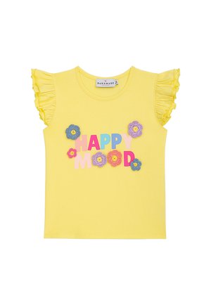 Gelbes Kleinkindshirt mit gerafften kurzen Ärmeln, mehrfarbigem "HAPPY MOOD"-Text und gehäkelten Blumenapplikationen auf der Brust.