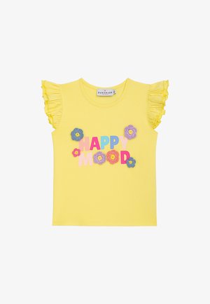Gelbes Kleinkindshirt mit gerafften kurzen Ärmeln, mehrfarbigem "HAPPY MOOD"-Text und gehäkelten Blumenapplikationen auf der Brust.