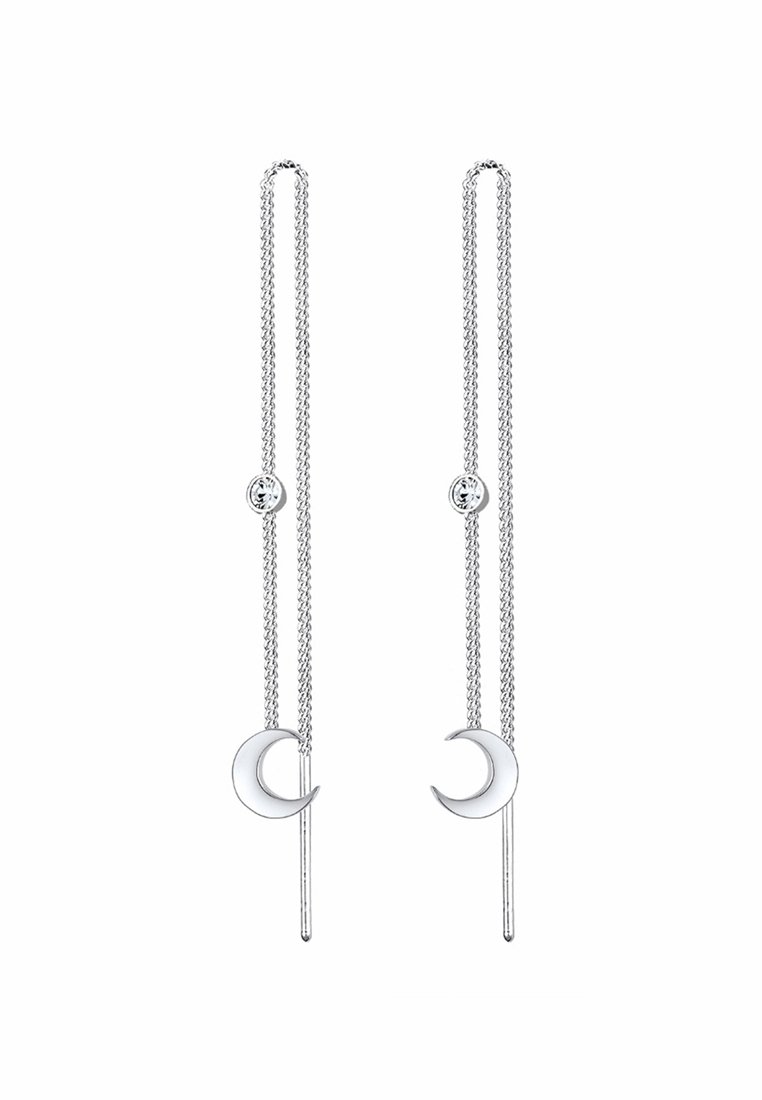 Paire de boucles d'oreilles en argent à chaîne fine, chacune avec un pendentif croissant de lune et un petit détail en cristal.