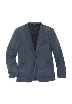 Men’s dark blue blazer with two front pockets, two buttons, and notched lapels, displayed on a white background.