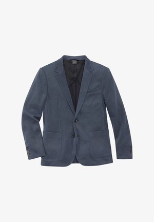 Men’s dark blue blazer with two front pockets, two buttons, and notched lapels, displayed on a white background.