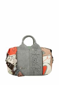 Bunte Handtasche mit einer Mischung aus Mustern; dominierend sind rotes, beiges und graues Leder. Verfügt über ein Design mit zwei Griffen und einem abnehmbaren Riemen.