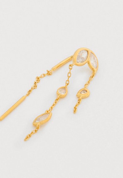 Boucles d'oreilles dorées ornées de plusieurs cristaux transparents en forme de goutte, reliés par de fines chaînes, avec un design à tige linéaire.