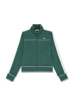 Giacca verde con zip FILA con piping bianco e strisce bianche lungo le maniche, caratterizzata da un colletto alto e tasche frontali.
