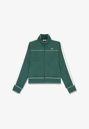 Grøn FILA jakke med lynlås, hvide pipingdetaljer og hvide striber langs ærmerne, med høj krave og forlommer.