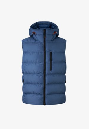 Blå puffervest med hætte, frontlynlås og to sidelommer. Har vandret quiltning og sorte detaljer på lynlåse.