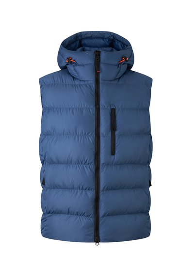 Blauer Puffer-Westen mit Kapuze, Frontreißverschluss und zwei Seitentaschen. Mit horizontaler Steppung und schwarzen Akzenten an den Reißverschlüssen.