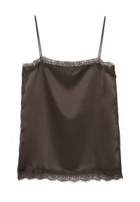 Ciemnobrązowy satynowy top na cienkich ramiączkach z koronkową lamówką przy dekolcie i na dole, na białym tle.