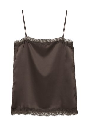 Temno rjav satenasti top s tankimi naramnicami in čipkasto obrobo ob izrezu in spodnjem robu na belem ozadju.