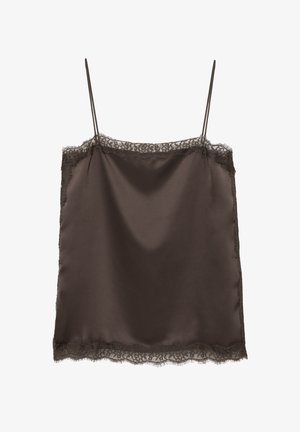 Temno rjav satenasti top s tankimi naramnicami in čipkasto obrobo ob izrezu in spodnjem robu na belem ozadju.