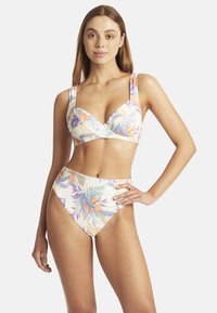Set di bikini multicolore con motivo floreale. Il top ha un design a V con spalline più larghe, mentre il fondo a vita alta ha una texture liscia.