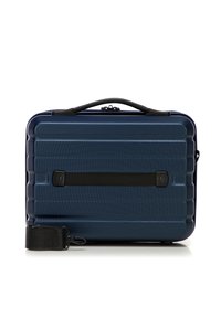 Valigetta rigida blu navy con una finitura testurizzata, dotata di una tracolla nera, impugnatura robusta e motivo a righe orizzontali.