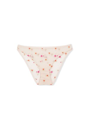 Beige durchsichtige Bikini-Unterwäsche mit kleinen rosa und orangefarbenen Blumenmustern und einer kleinen Schleife in der Mitte des Bunds.