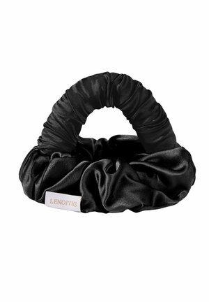 Black satin scrunchie with a twisted handle design and a white tag labeled "LENOITES" on a white background.