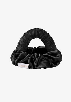 Black satin scrunchie with a twisted handle design and a white tag labeled "LENOITES" on a white background.