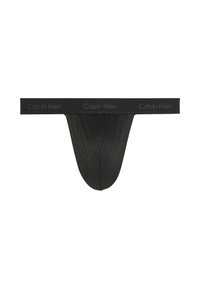 Schwarze Stringunterwäsche mit einem elastischen Bund und dezentem Branding. Der Stoff hat ein strukturiertes Muster mit glatter Oberfläche.