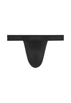 Zwarte stringonderbroek met een elastische tailleband en subtiele branding. De stof heeft een gestructureerd patroon met een soepele afwerking.