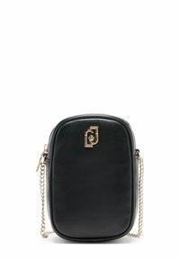 Schwarze Kunstleder-Crossbody-Tasche mit runder Form, goldfarbener Hardware, Kettenriemen und einem auffälligen Logopunkt auf der Vorderseite.