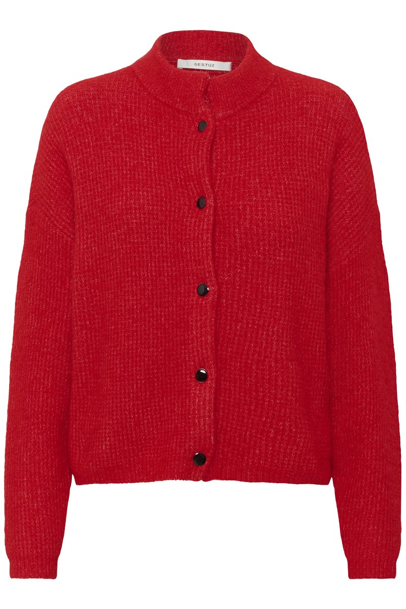 Cardigan en maille rouge à manches longues, col côtelé et cinq boutons noirs sur le devant.