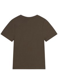 Krátký rukáv tričko v olivově zelené barvě, s kulatým výstřihem a hladkou, jemnou texturou. Jednoduchý design, žádné vzory ani akcenty.