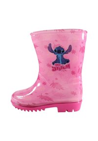 Botte de pluie rose pour enfants avec un motif de feuilles tropicales et le personnage Stitch de Disney sur le côté, dotée d'une semelle texturée pour une meilleure adhérence.