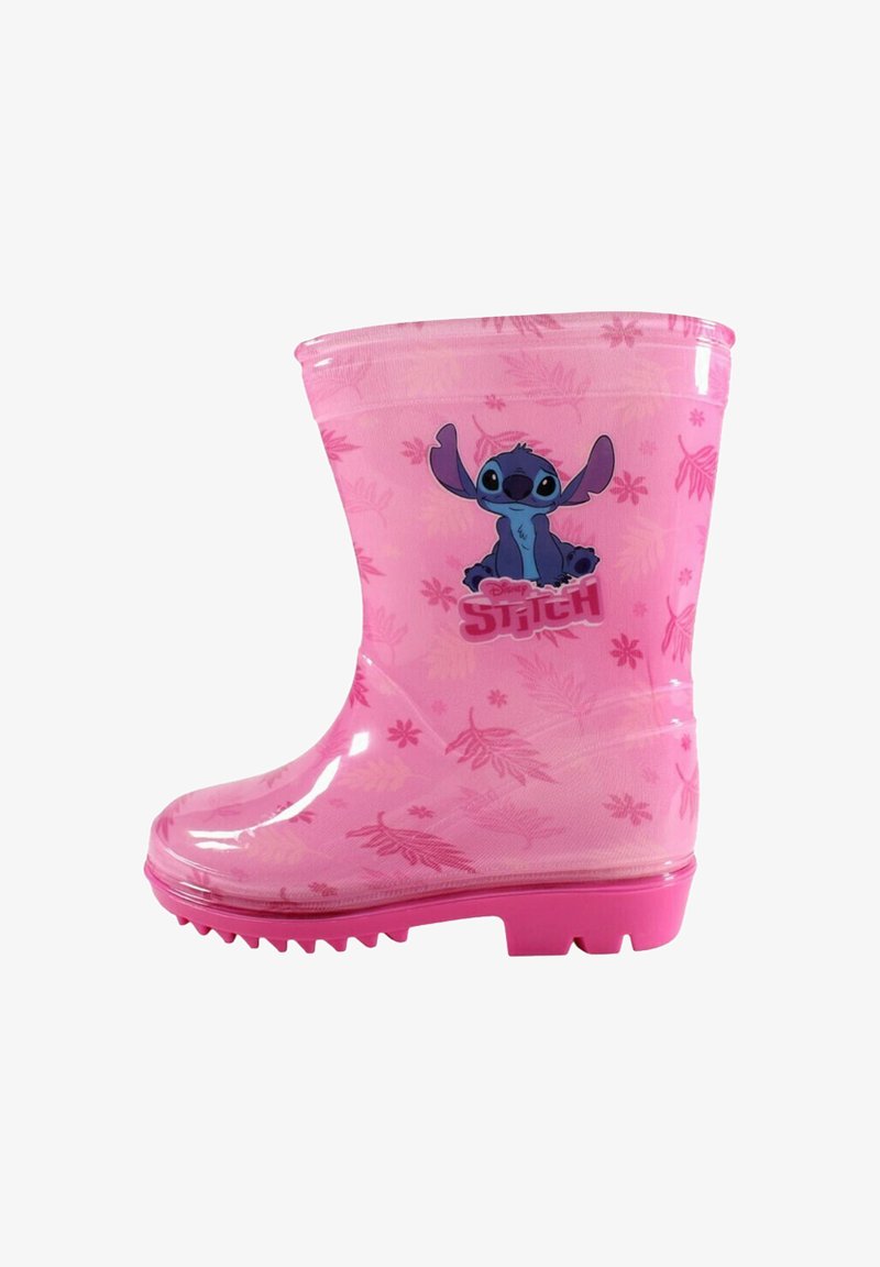 Botte de pluie rose pour enfants avec un motif de feuilles tropicales et le personnage Stitch de Disney sur le côté, dotée d'une semelle texturée pour une meilleure adhérence.