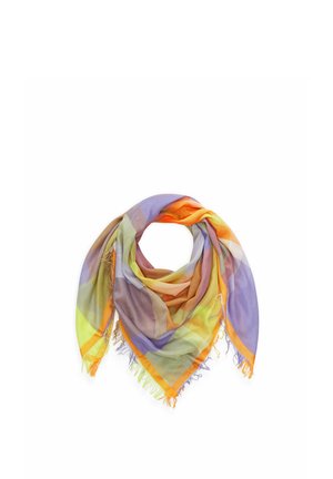 Lichte sjaal met meerkleurige, doorschijnende stof in oranje, geel, groen en paarse tinten, met rafelige randen.