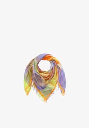 Leichter Schal aus mehrfarbigem, transparentem Stoff in Orange-, Gelb-, Grün- und Violetttönen mit ausgefransten Rändern.