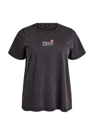 Zwart katoenen T-shirt met korte mouwen, ronde hals en geborduurd bloemmotief. Tekst luidt "Fleurs en BEAUTÉ" in wit en roze.