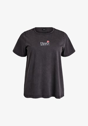 Sort bomulds-T-shirt med korte ærmer, rund hals og broderet blomsterdesign. Teksten lyder "Fleurs en BEAUTÉ" i hvid og pink.