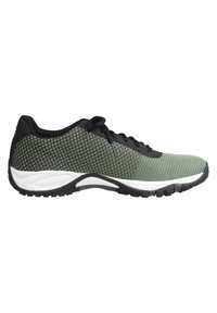 Green mesh athletic shoe with a black rubber sole, textured upper, and white midsole. Features black laces and a low-profile design.