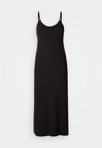 Robe maxi noire sans manches avec un col rond et des bretelles fines. Fabriquée en tissu côtelé, elle présente une silhouette ajustée qui s'élargit légèrement à l'ourlet.