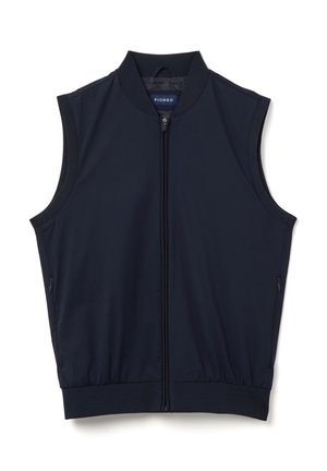 Marineblaue ärmellose Jacke mit hohem Kragen, durchgehendem Reißverschluss vorne, elastischem Taillenbund und zwei seitlichen Reißverschlusstaschen.