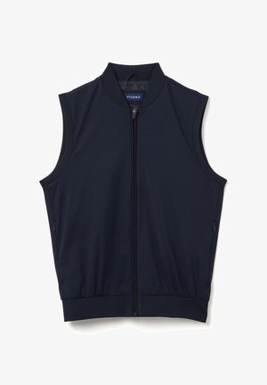 Marineblaue ärmellose Jacke mit hohem Kragen, durchgehendem Reißverschluss vorne, elastischem Taillenbund und zwei seitlichen Reißverschlusstaschen.