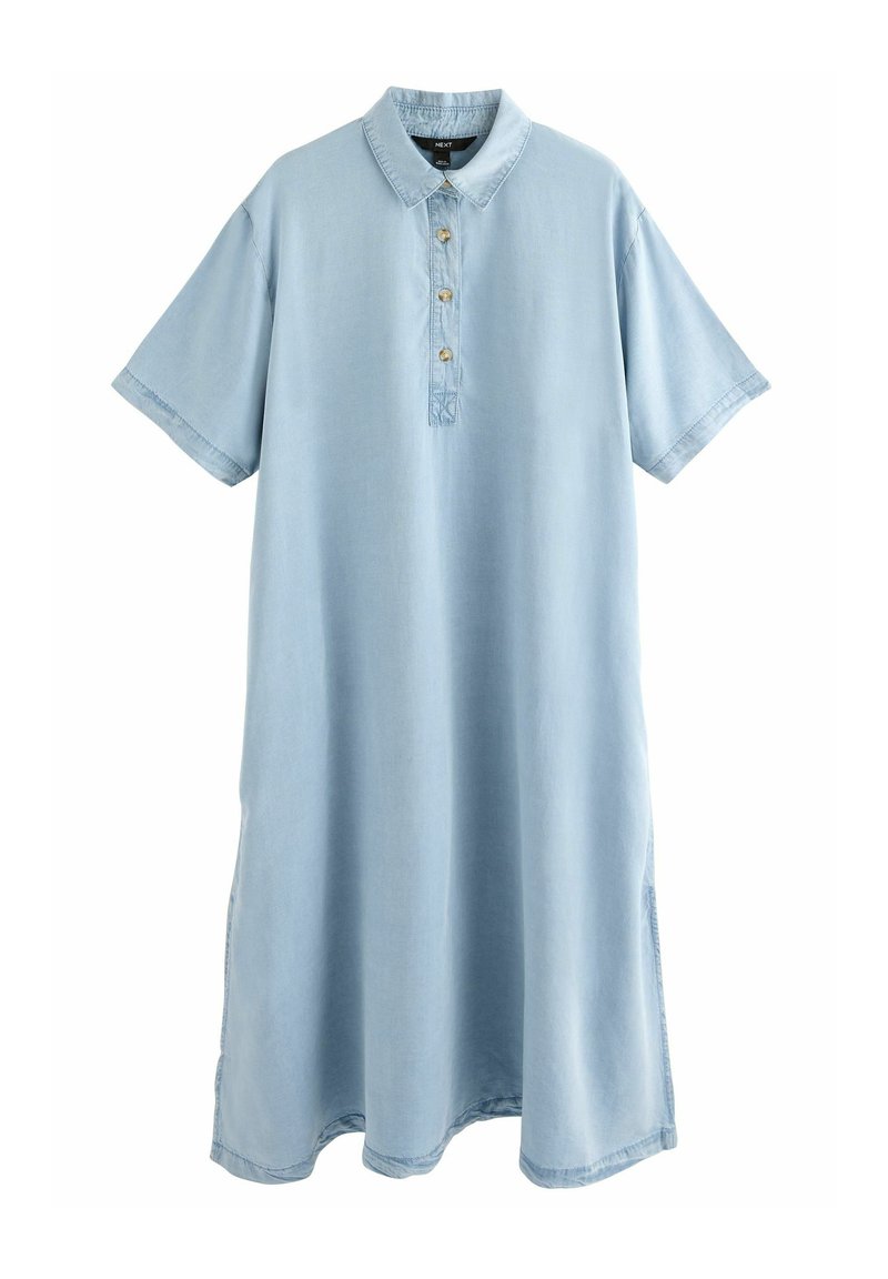 Helles blaues Denim-Kleid mit Kragen, kurzen Ärmeln, einer Fünf-Knopf-Leiste und einer lockeren A-Linien-Silhouette.