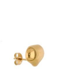 Goldene Steckohrringe mit runder Form und glänzender Oberfläche. Verfügt über einen einfachen Metallstift und eine Schmetterlingsverschluss. Glatte Textur und reflektierende Oberfläche.