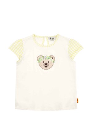 Short-sleeved T-shirt in cream with yellow gingham sleeves, featuring a bear face design with floral accents and a back keyhole closure.