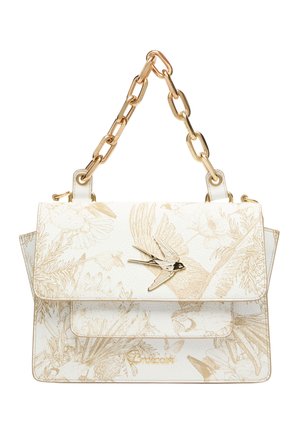 Borsa bianca con stampe beige di uccelli e fiori, chiusura a forma di uccello dorato e manico a catena dorato spesso.