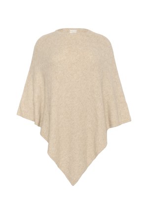 Beige poncho made from a textured fabric, featuring a diamond pattern, round neckline, and a draped design with pointed edges.