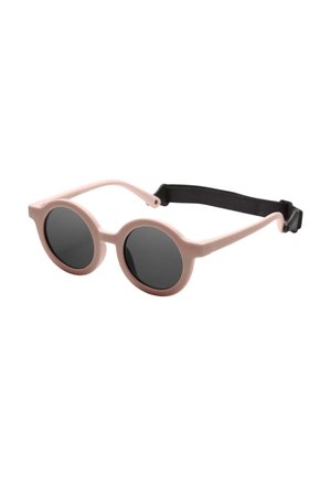 Round pink sunglasses with black lenses and an adjustable black strap attached at the temples.
