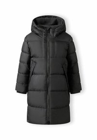 Manteau d'hiver noir avec fermeture éclair à l'avant, capuche et manches larges. Fabriqué en matériau matelassé, il possède une doublure intérieure douce et des accents de logo.