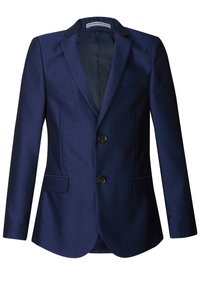 Granatowa marynarka uszyta z fakturowanej tkaniny, z klapami w kącie, dwoma guzikami z przodu oraz dwiema kieszeniami z klapami. Wnętrze zdobi wzorzysta podszewka.