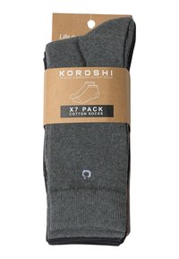 Siedmiopak ciemnoszarych bawełnianych skarpetek za kostkę zapakowanych w brązowe tekturowe opakowanie z napisem "Koroshi" i "X7 Pack Cotton Socks".