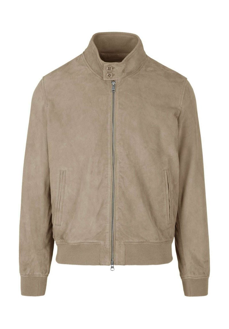 Giacca in suede marrone chiaro con colletto alto, zip frontale e due tasche laterali. Tessuto morbido e polsini e orlo a coste.