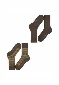 Braune Socken mit einem Musterdesign in Gelb und Blau. Ein Paar ist einfarbig braun, das andere hat ein farbenfrohes geometrisches Muster.