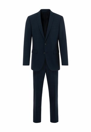 Dark navy suit featuring a two-button blazer with a notch lapel, single chest pocket, and flat-front trousers. Smooth texture, tailored fit.